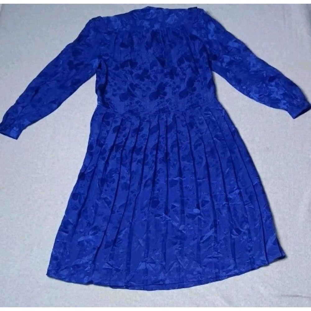 VTG Argenti 100% Silk Dress Blue Jacquard Pleated Long Sleeve Midi Dress 8 Retro - Picture 12 of 12